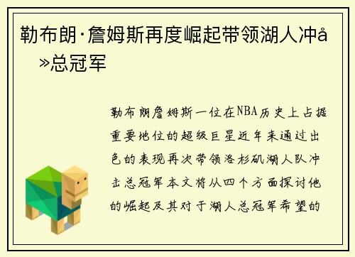勒布朗·詹姆斯再度崛起带领湖人冲击总冠军